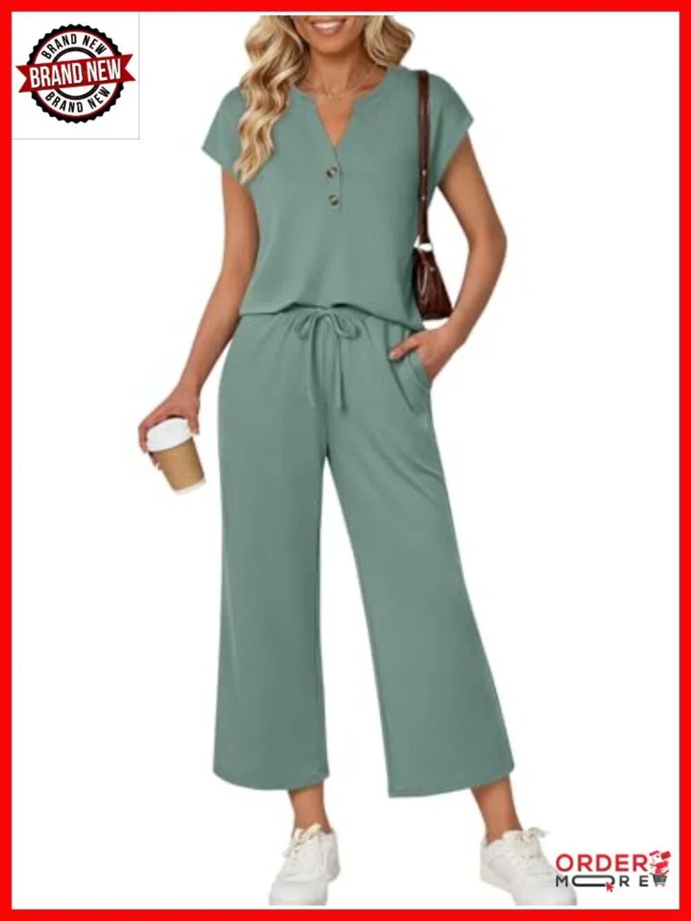 LILLUSORY 2 Piece Lounge Set V-Neck Top Wide Leg Pants Relaxed Fit